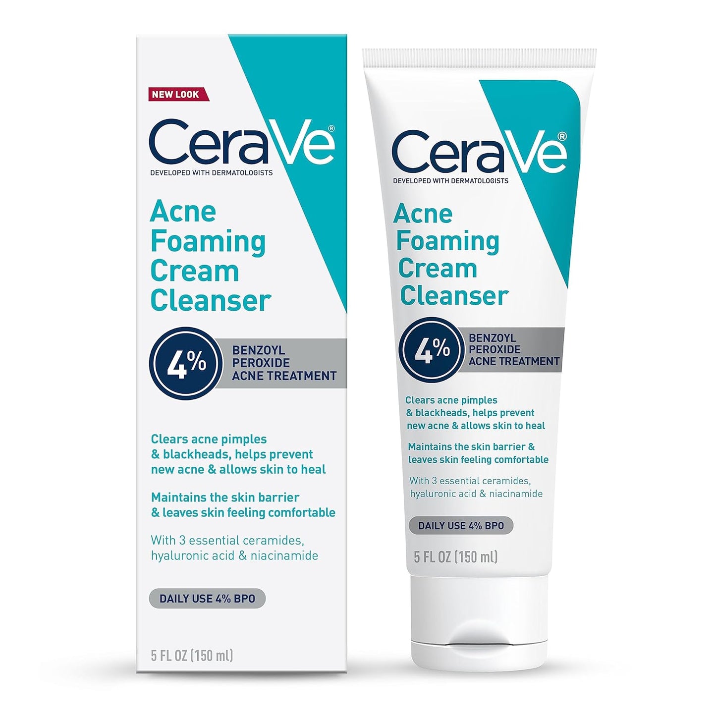 CeraVe Limpiador en crema espumosa para el acné, lavado facial de peróxido de benzoilo al 4% con ácido hialurónico, niacinamida y ceramidas, tratamiento diario suave para el acné para la cara