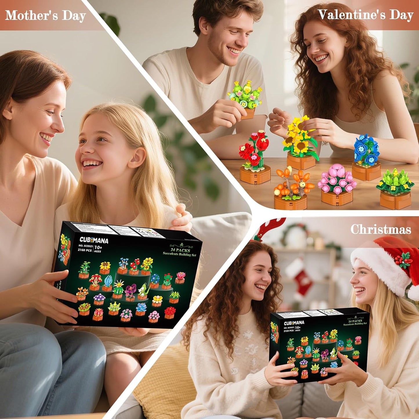 Juego de 24 flores y suculentas, 2160 piezas, colección botánica de 0.142 in, kit de mini flores para decoración del hogar, oficina, bloques de plantas, juguetes, regalos de fiesta de Pascua