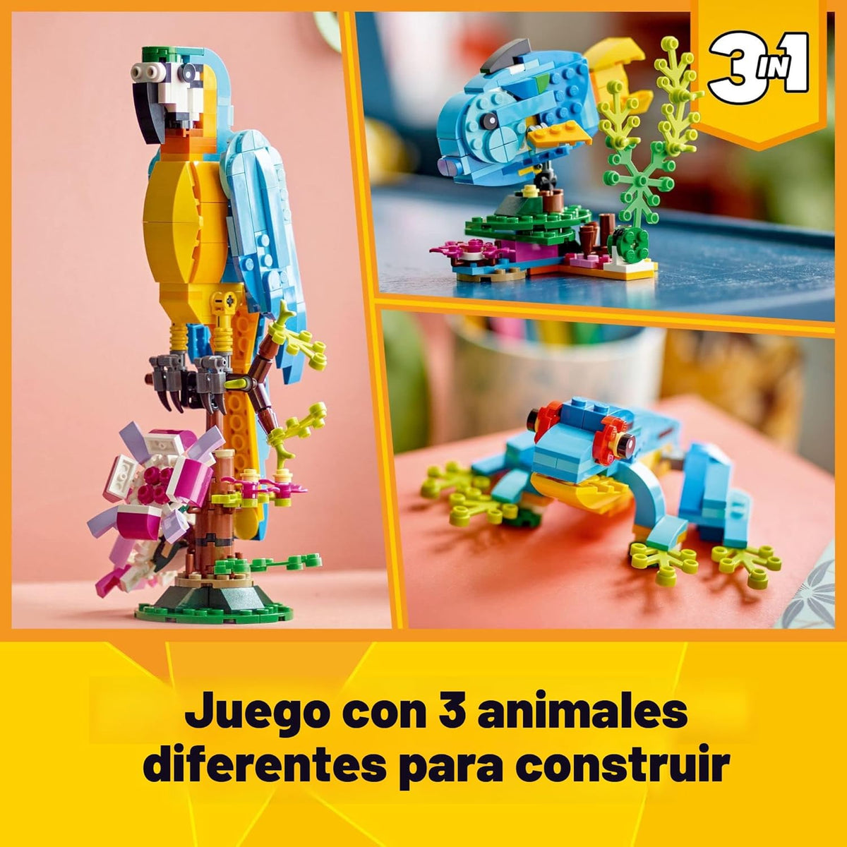 LEGO Creator 31136 - Juego de juguetes de construcción de loro exótico 3 en 1, se transforma en 3 figuras de animales diferentes, desde loros coloridos hasta peces nadadores y ranas lindas, juguetes