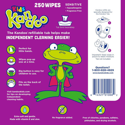 Kandoo - Toallitas desechables para bebés y niños, sin perfume para pieles sensibles, paños de limpieza húmedos hipoalergénicos para entrenamiento de orinal, 250 unidades, paquete de 5