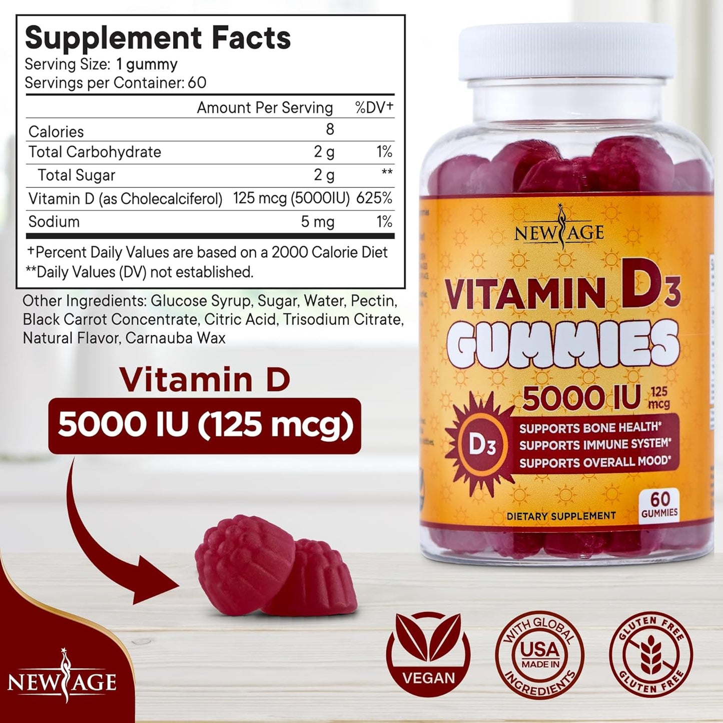 NEW AGE Gomitas de vitamina D3 de 5000 UI de 125 mcg, suplemento in...
