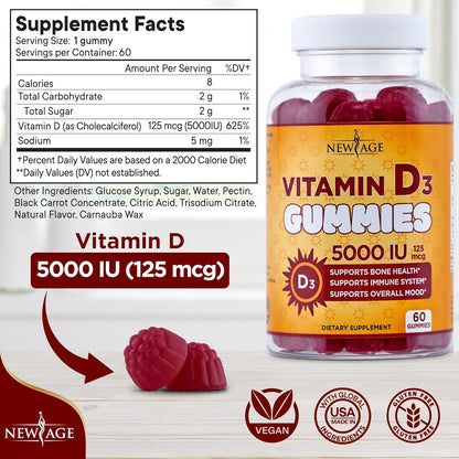 NEW AGE Gomitas de vitamina D3 de 5000 UI de 125 mcg, suplemento in...