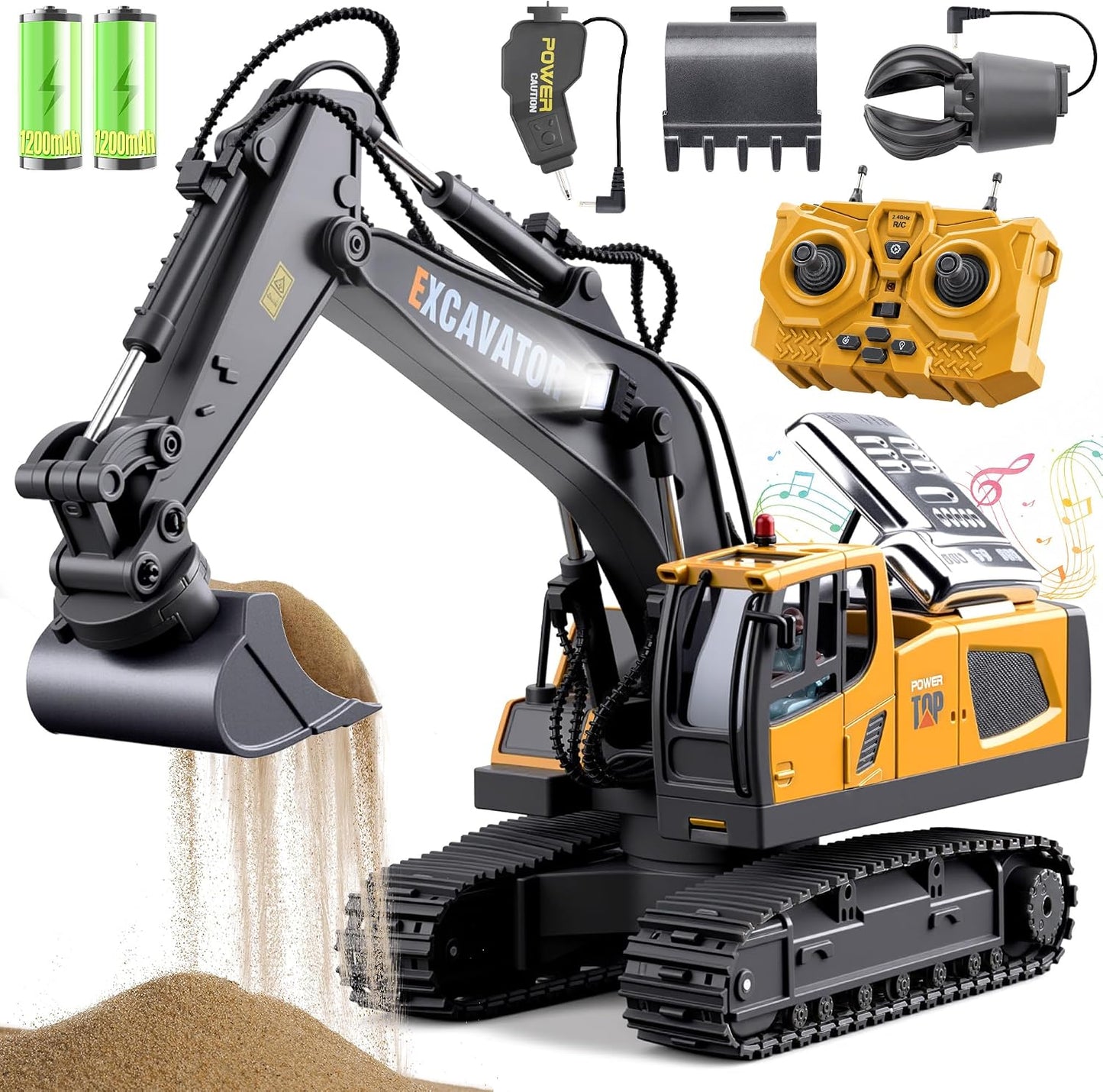Excavadora de juguete con control remoto para niños, 3 en 1, cubo,...