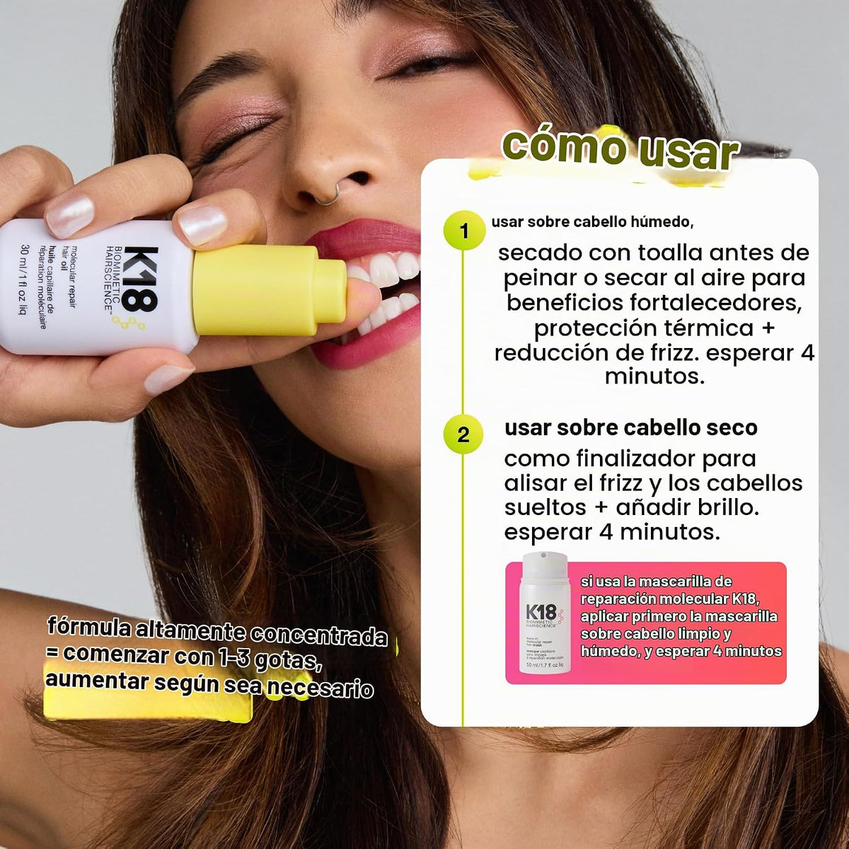 Aceite capilar reparador molecular K18, aceite ingrávido para un ca...