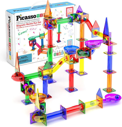 PicassoTiles 50 piezas Azulejos Magnéticos Pista de Canicas para Ni...