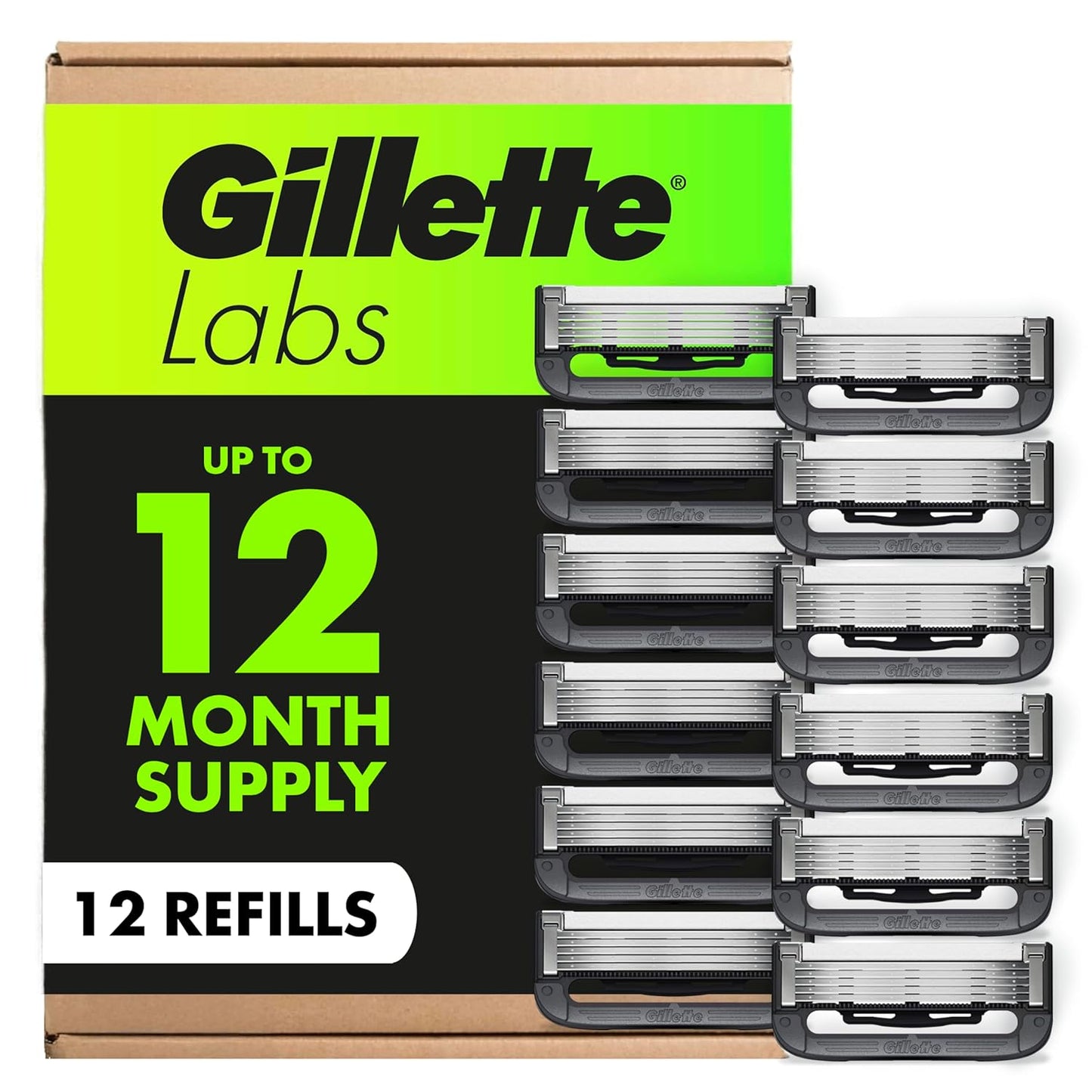 Gillette Labs - Recambios de cuchillas de afeitar, cartuchos de maquinilla de afeitar de 12 quilates, repuestos de maquinilla de afeitar para hombres compatibles con GilletteLabs Exfoliating Bar Razor