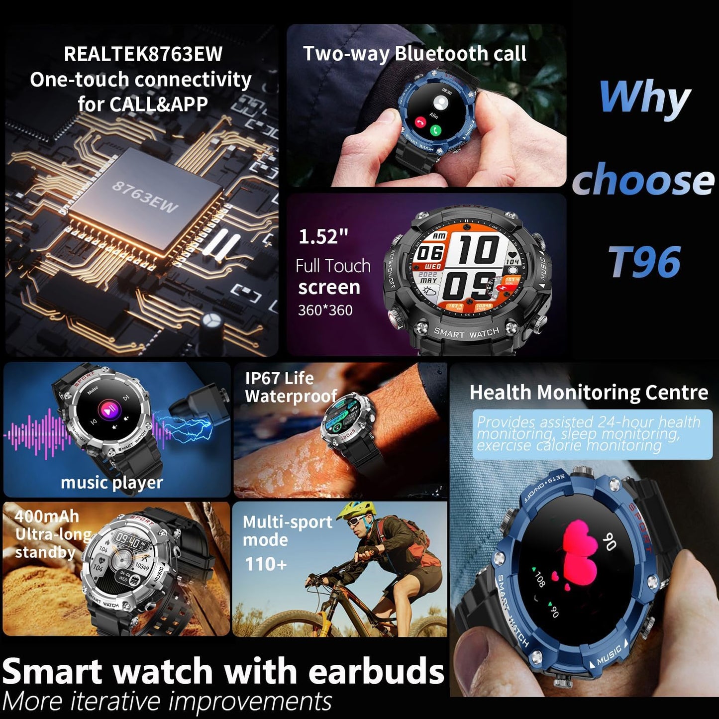 UYRGT Reloj inteligente con auriculares, para teléfono iOS y Androi...