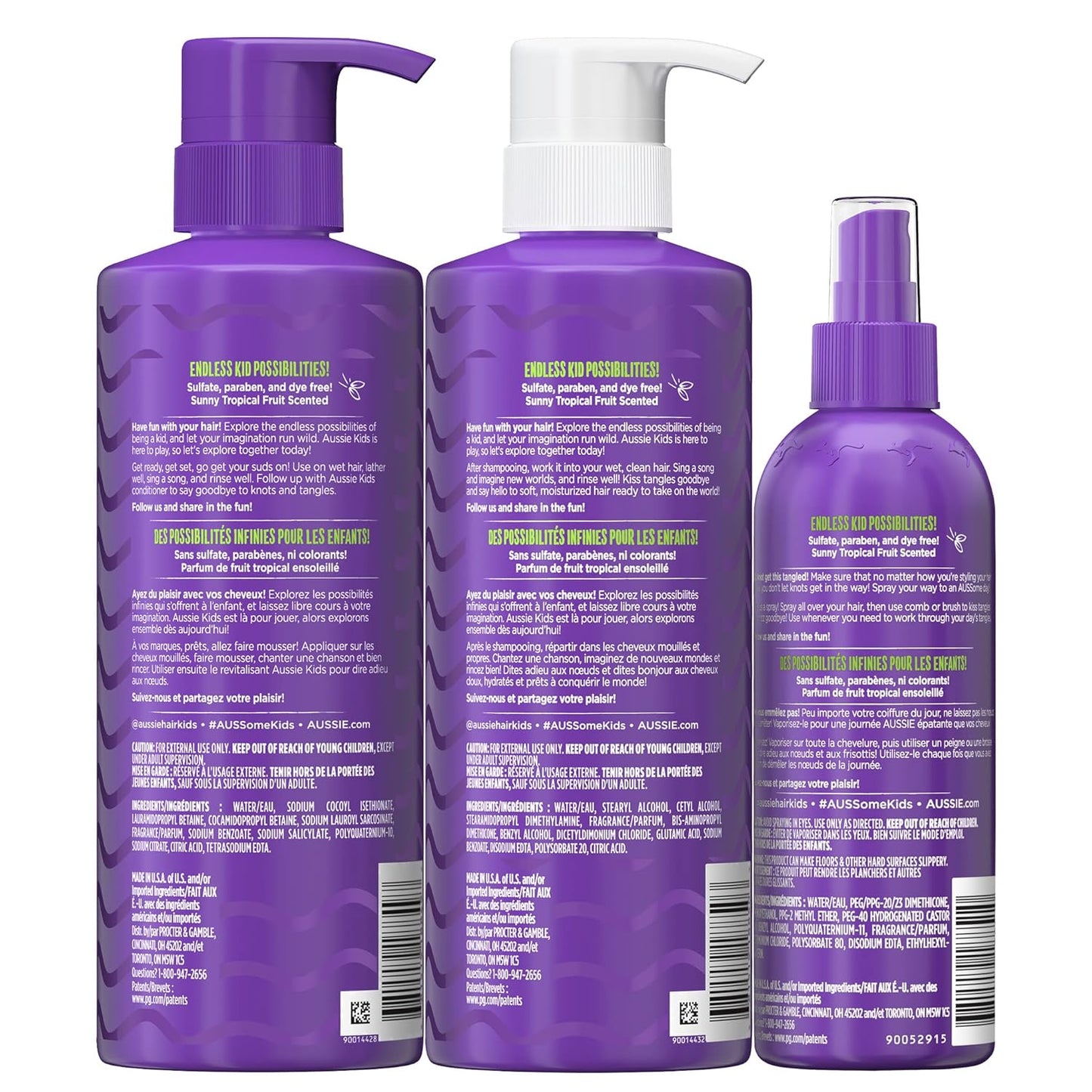 Paquete de cuidado capilar para niños Aussie que incluye: champú (16 fl oz), acondicionador (16 fl oz) y spray desenredante (8 fl oz), libre de parabenos, sin sulfatos, sin colorantes, sin crueldad