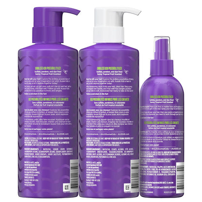 Paquete de cuidado capilar para niños Aussie que incluye: champú (16 fl oz), acondicionador (16 fl oz) y spray desenredante (8 fl oz), libre de parabenos, sin sulfatos, sin colorantes, sin crueldad