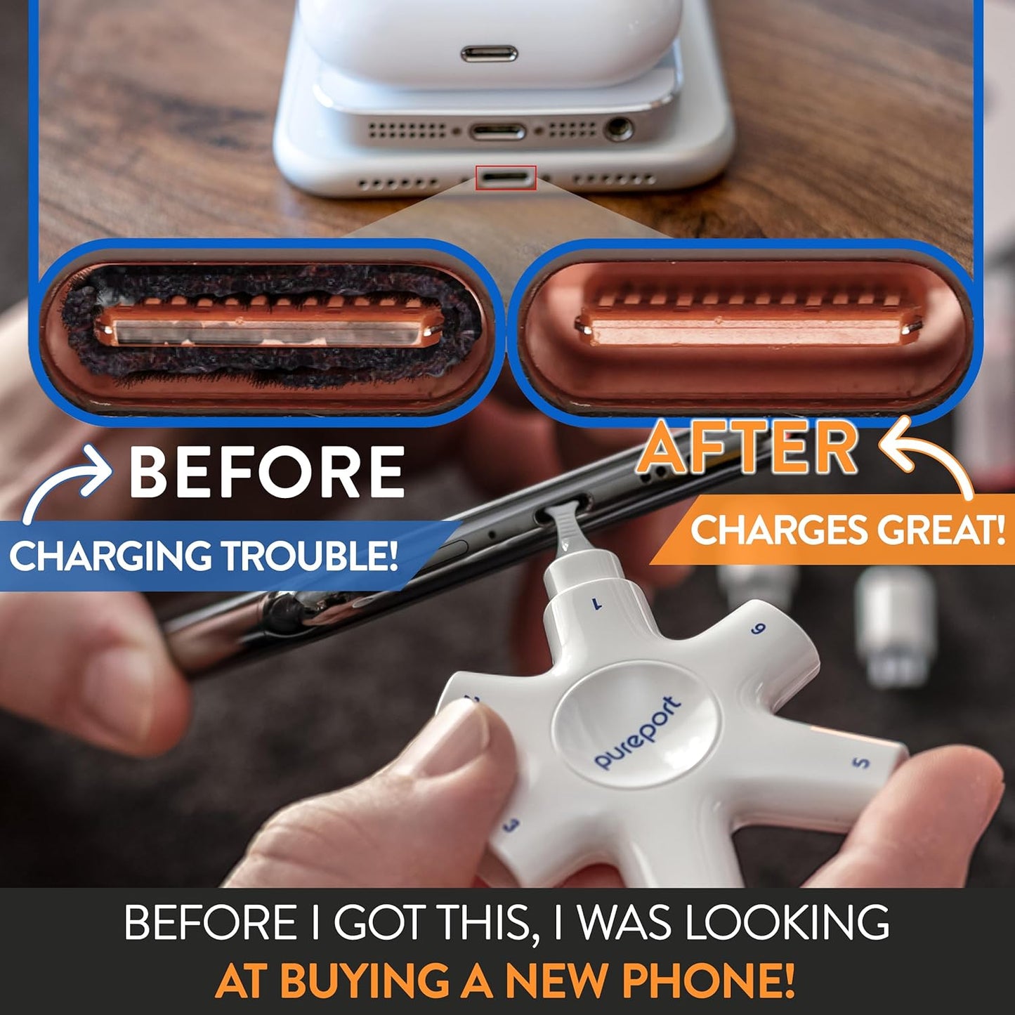 Kit de Limpieza Multi-Herramienta PurePort USB-C | Limpia, repara y restaura puertos USB C y cables de teléfono celular, tableta y portátil | Corrige conexiones poco confiables y malas | Extiende la