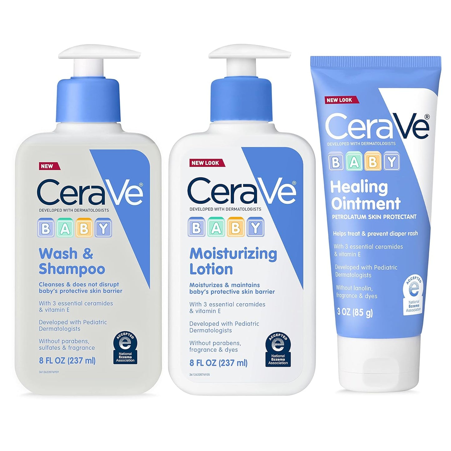 CeraVe Juego de baño para bebé, lavado y champú de 8 onzas + loción hidratante de 8 onzas + ungüento curativo de 3 onzas, sin fragancia, sin parabenos, sin ftalatos y sin lágrimas, artículos