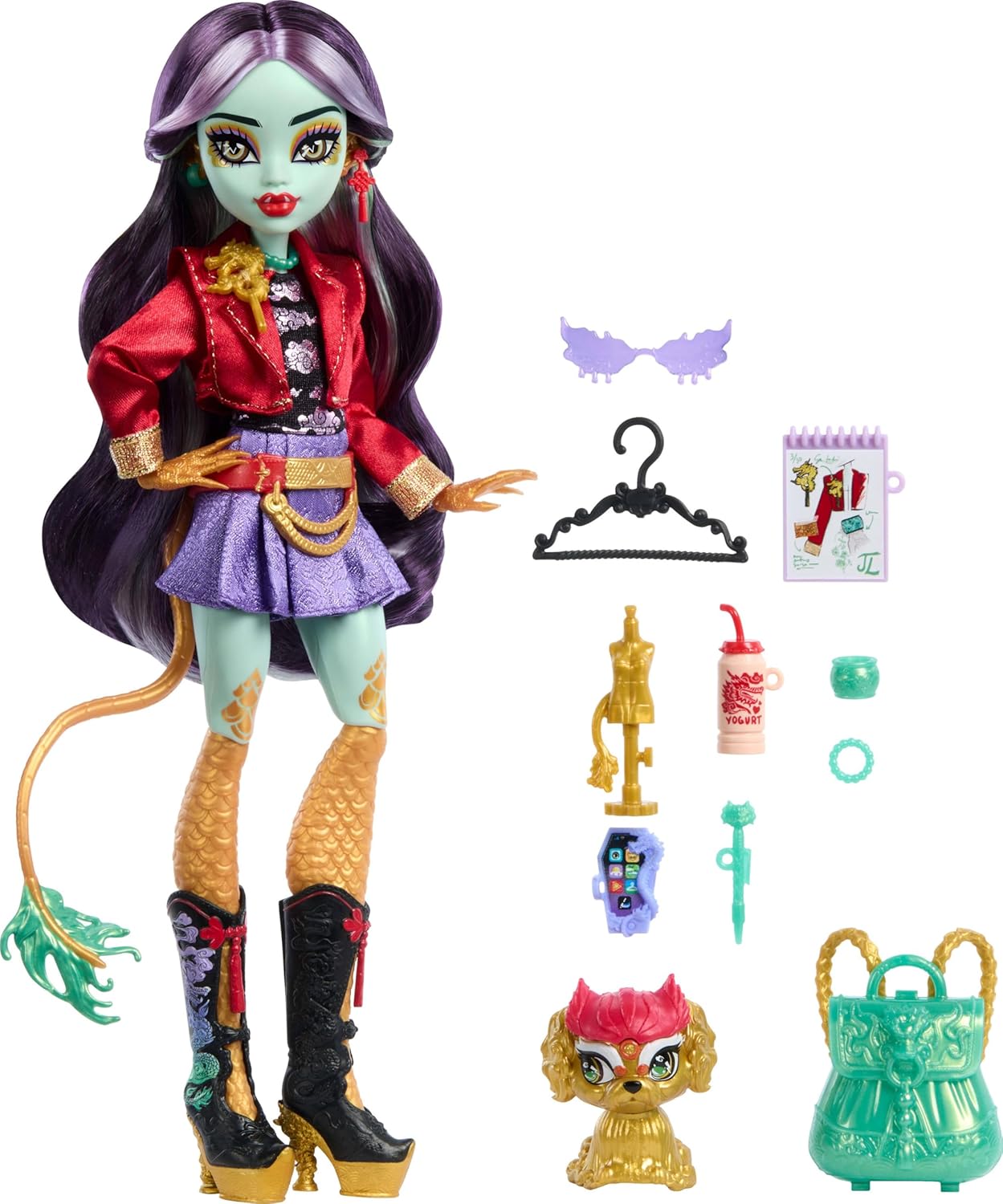 Monster High Jinafire muñeca larga, Dragón con perro mascota Cloudy...