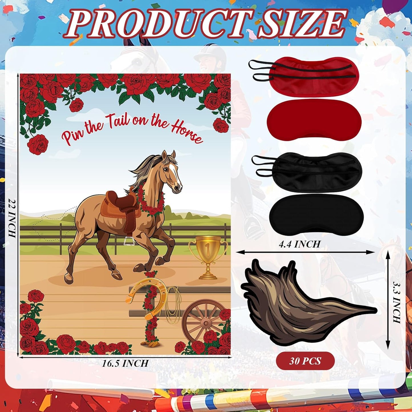 Civaner Juego de 33 piezas de decoración Derby Pin The Tail on The Horse con 1 póster, 30 colas de caballo y 2 máscaras de ojos de poliéster, juegos de fiesta para Derby Western Cowboy suministros de