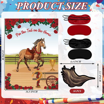 Civaner Juego de 33 piezas de decoración Derby Pin The Tail on The Horse con 1 póster, 30 colas de caballo y 2 máscaras de ojos de poliéster, juegos de fiesta para Derby Western Cowboy suministros de