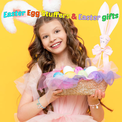 Regalos de Pascua para niños, 3 pulseras ajustables con dije de conejo con tarjeta de conejo, bonita pulsera de joyería para rellenos de cesta de Pascua para adolescentes, mujeres y niños
