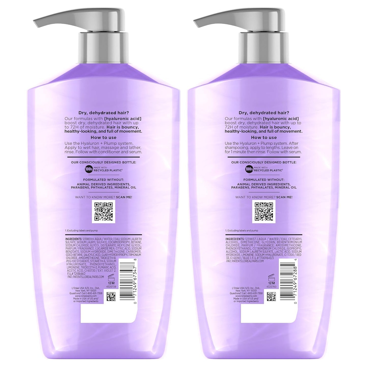 L'Oreal Paris Elvive Hyaluron Plump Champú y acondicionador para cabello deshidratado y seco con complejo de cuidado de ácido hialurónico, 1 kit (2 productos)