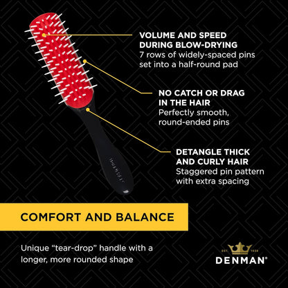 Denman Free Flow D31 - Cepillo de peinado de 7 filas, herramienta de peinado 3 en 1 para crear volumen, desenredar cabello grueso y definir rizos, D31