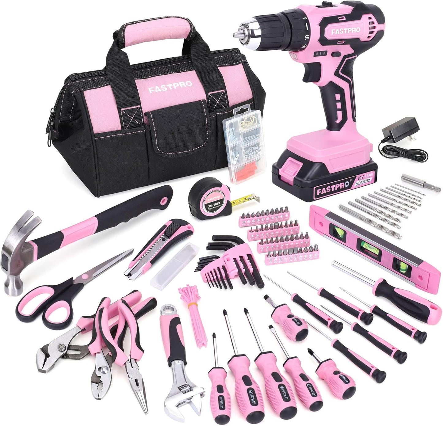 FASTPRO 232 piezas 20 V Rosa inalámbrico Taladro de iones de litio...