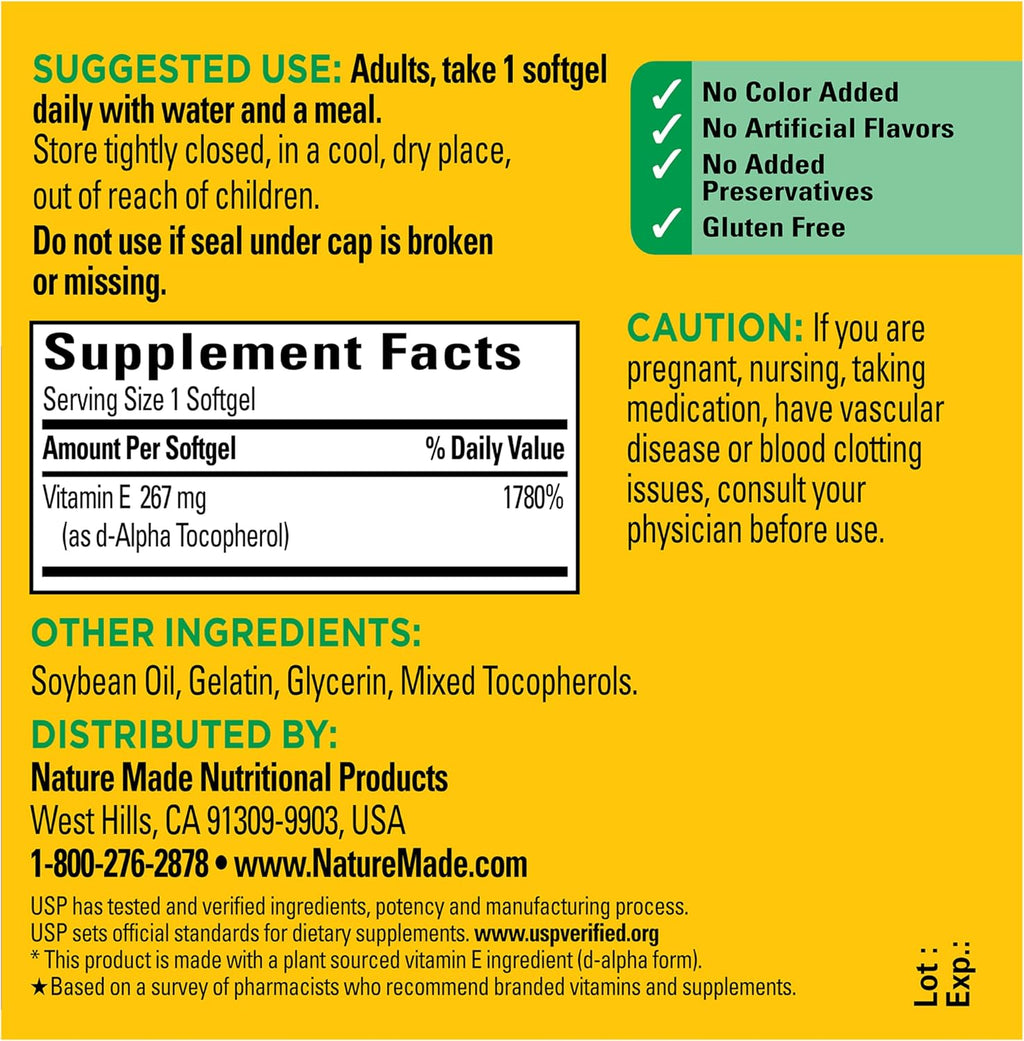 Nature Made Vitamina E 267 mg (400 UI) d-alfa, suplemento dietético...