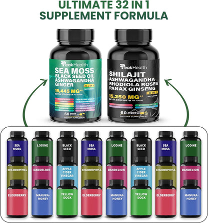 Peakhealth Cápsulas de Shilajit Sea Moss Aceite de Semilla Negra As...