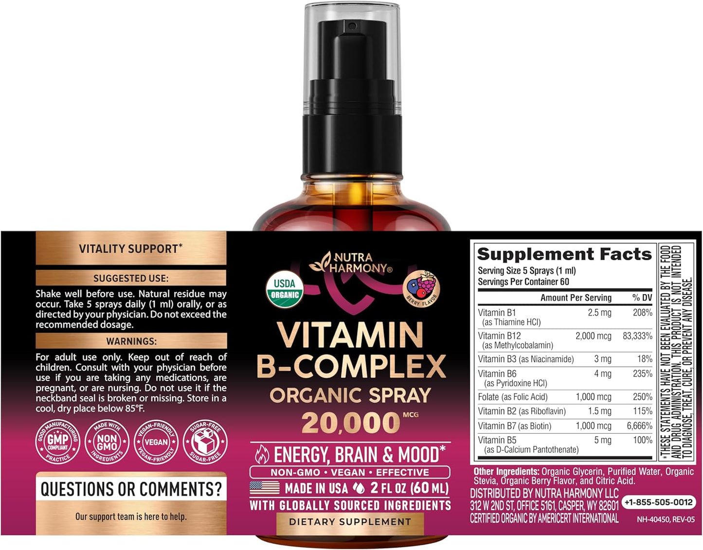 Spray Líquido de Vitamina B-Complex Orgánico USDA 8-en-1 - Ácido Pa...