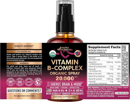 Spray Líquido de Vitamina B-Complex Orgánico USDA 8-en-1 - Ácido Pa...