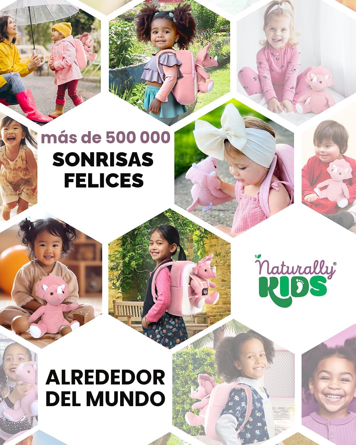 Naturally KIDS Mochila para niños pequeños con peluche rosa Tricera...