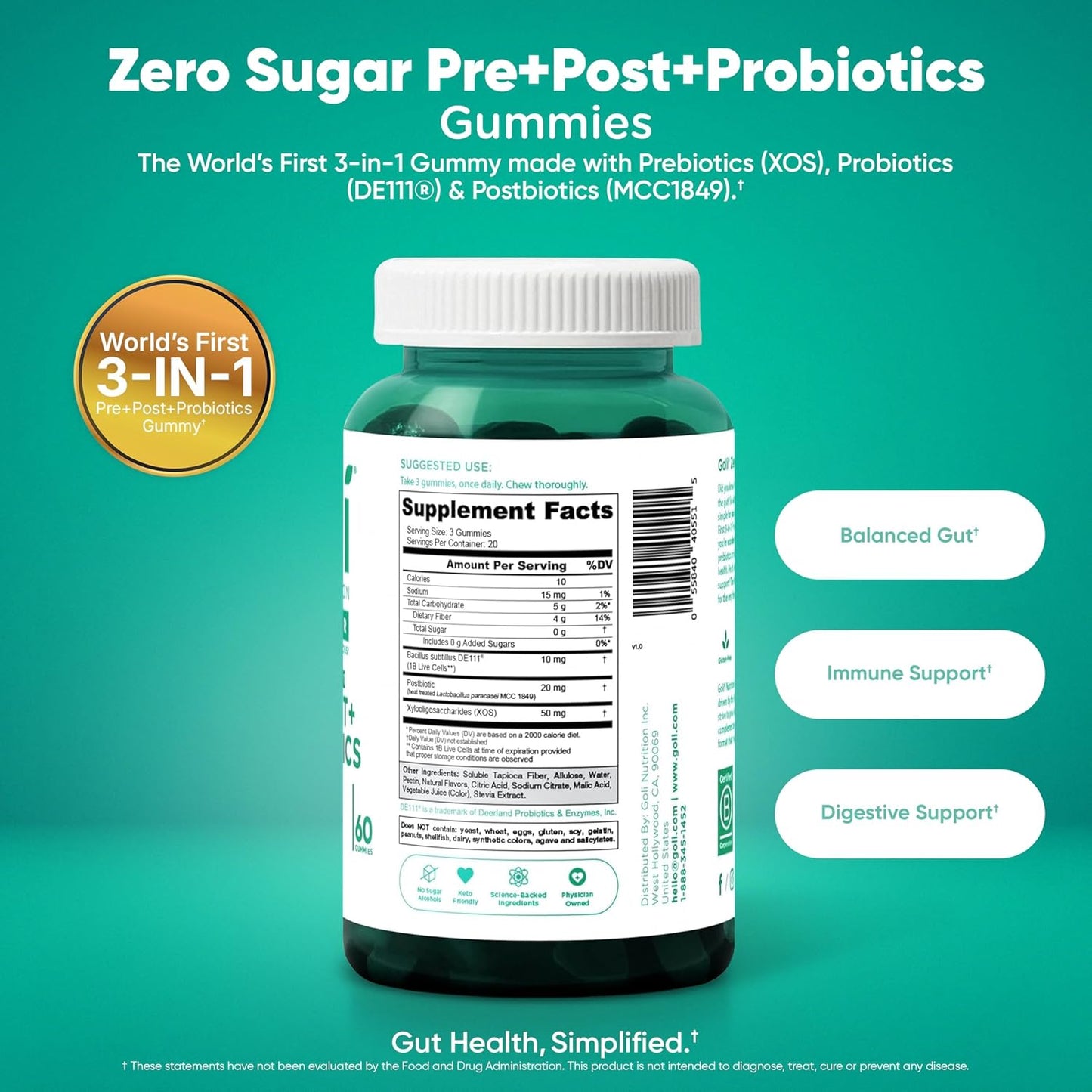 Goli Zero Sugar Trio - El Primer 3-en-1 Pre, Post, Probiótico del M...