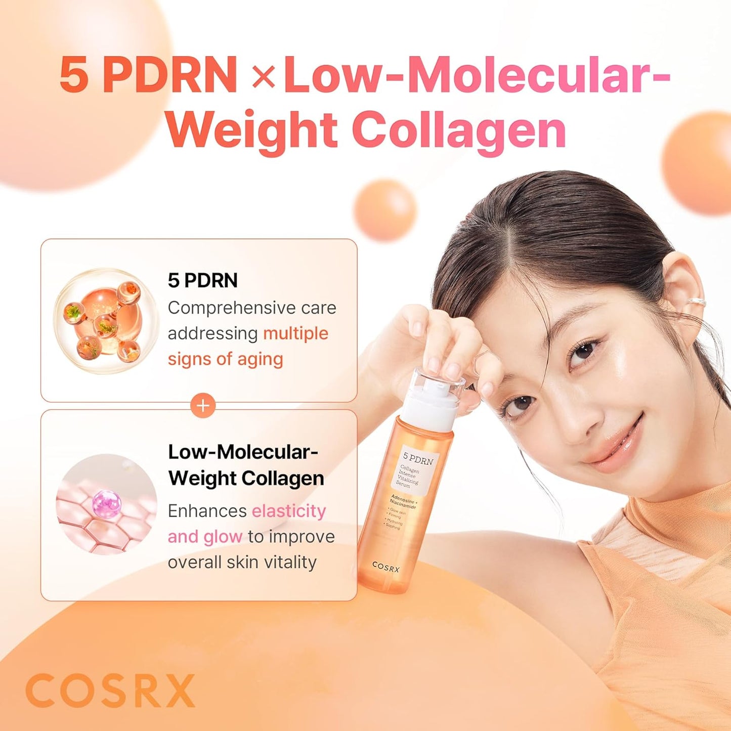 COSRX 5 PDRN Collagen Intense Vitalizing Serum - Suero coreano para reafirmar y dar brillo a la piel con ADN de salmón, centella, lactobacilo PDRN y colágeno, cuidado de la piel coreana, artículos