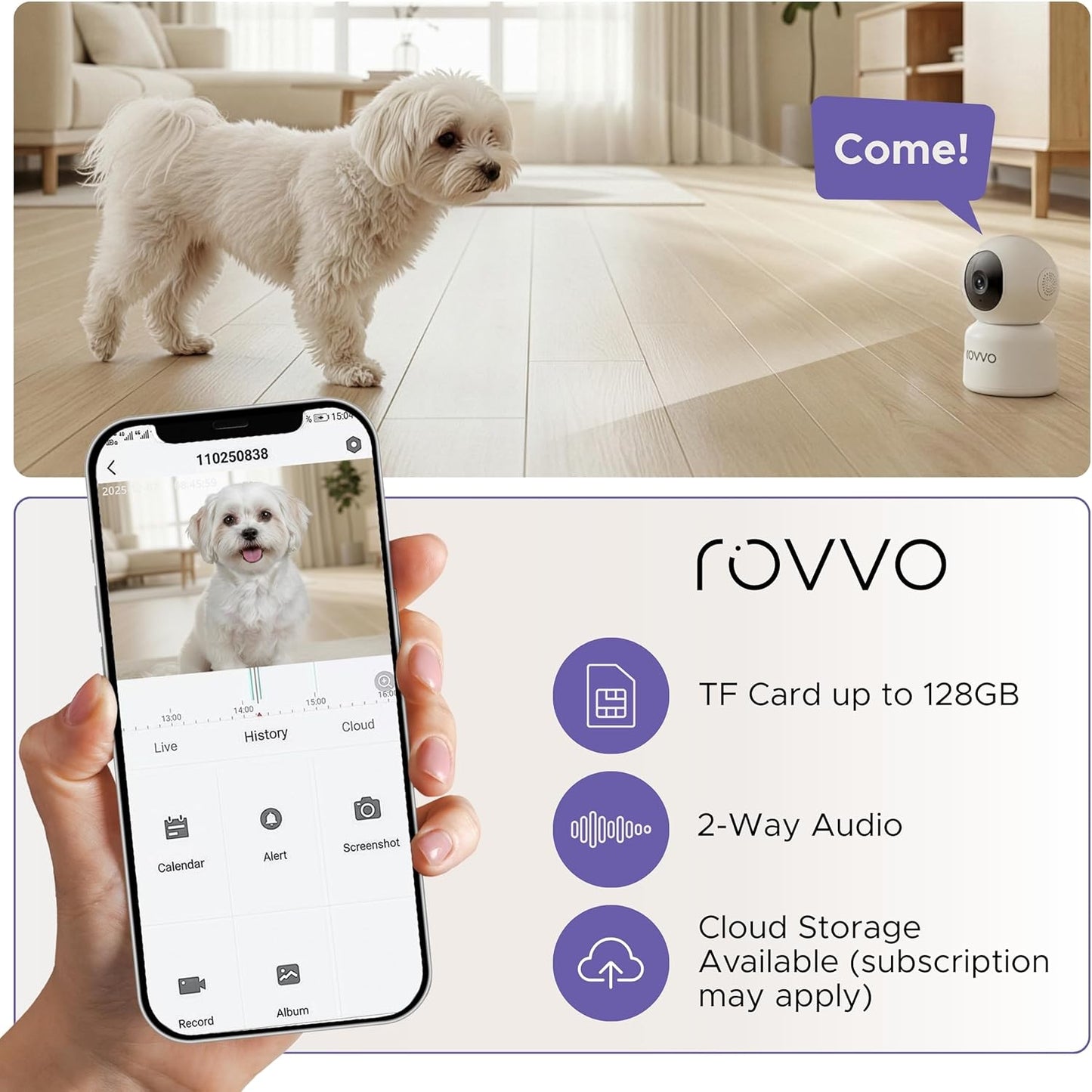 Rovvo Cámara para mascotas HD 2K - Monitor inteligente para cachorr...
