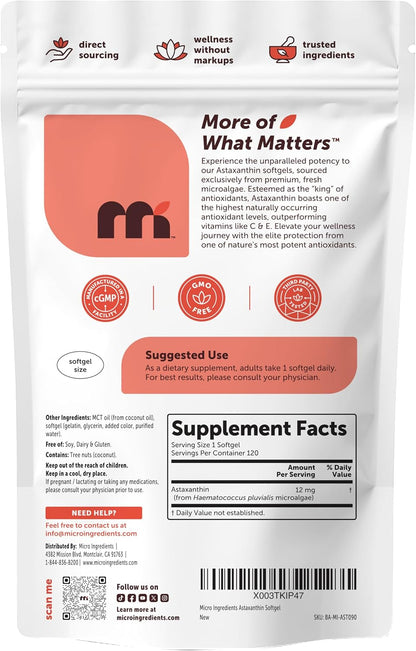 Micro Ingredients Astaxantina 12 mg con aceite MCT, 120 cápsulas bl...