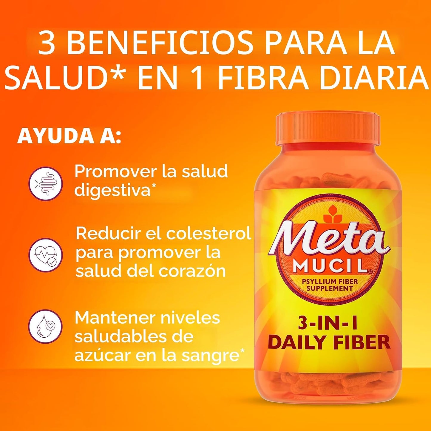 Cápsulas de suplemento de fibra Metamucil psyllium 100 unidades, 30...