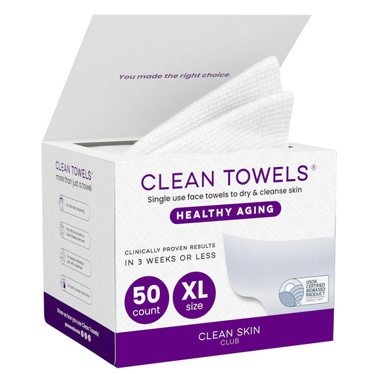 Clean Skin Club Healthy Aging Clean Towels® XL, suaviza las líneas finas, arrugas y textura en 6 semanas, tratadas para mayor suavidad, toallas faciales desechables, removedor de maquillaje