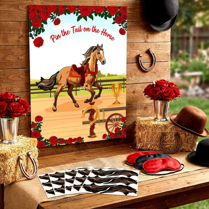 Civaner Juego de 33 piezas de decoración Derby Pin The Tail on The Horse con 1 póster, 30 colas de caballo y 2 máscaras de ojos de poliéster, juegos de fiesta para Derby Western Cowboy suministros de