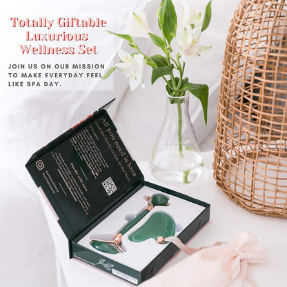 WITTY Juego de rodillo facial de jade y Gua Sha en caja de regalo d...
