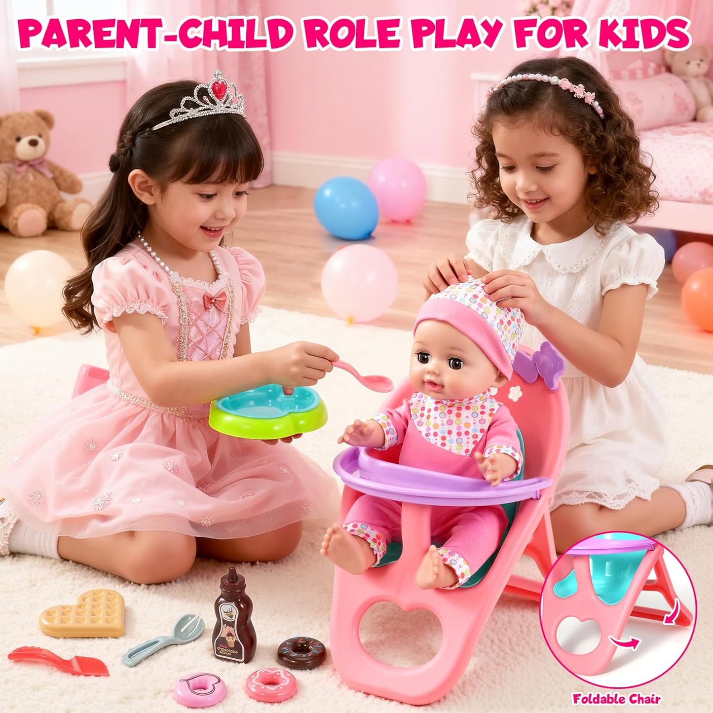 DRAMATION Juego de muñeca bebé de 12 pulgadas con cuna y silla alta...
