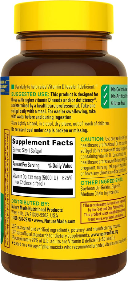 Nature Made Vitamina D3 5000 UI (125 mcg), suplemento de vitamina D...