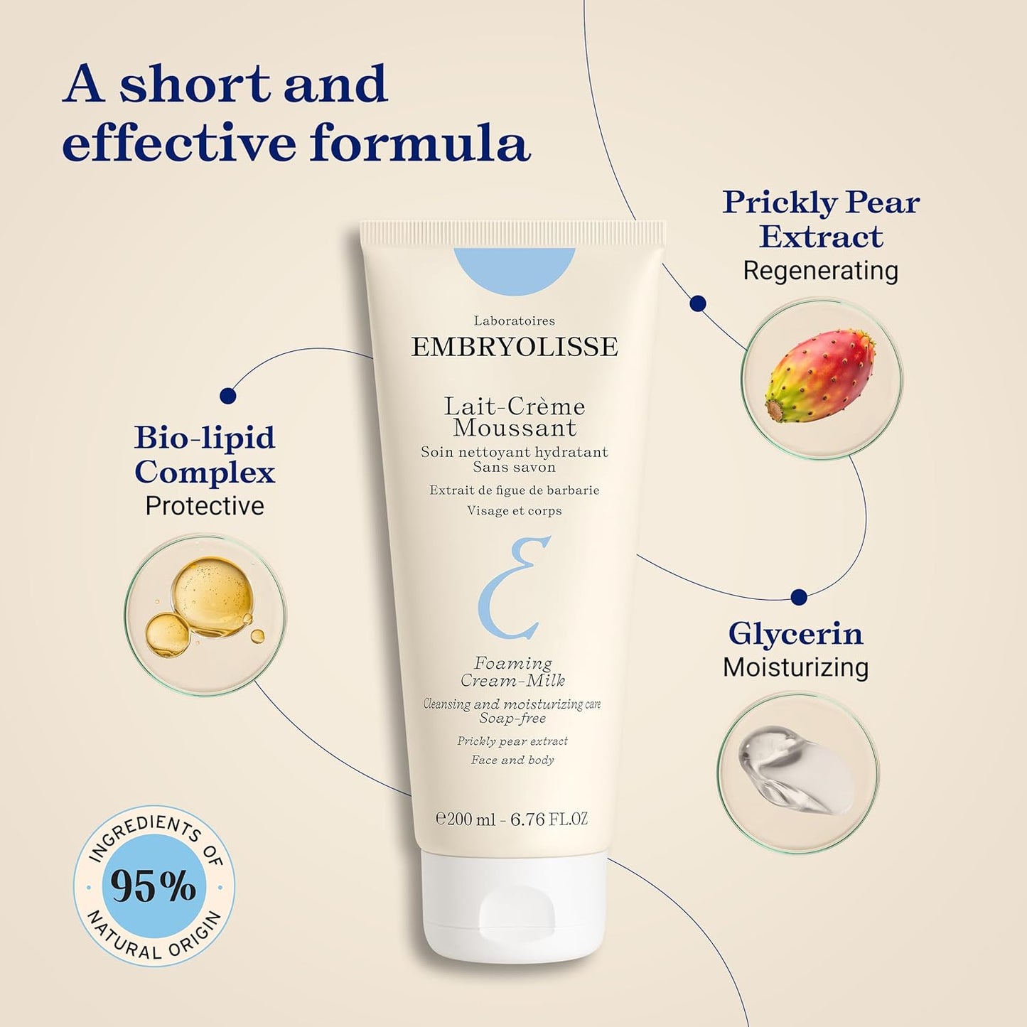 Embryolisse Leche en crema espumosa. Limpiador hidratante para rostro y cuerpo, sin jabón, fórmula vegana, 6.76 onzas líquidas