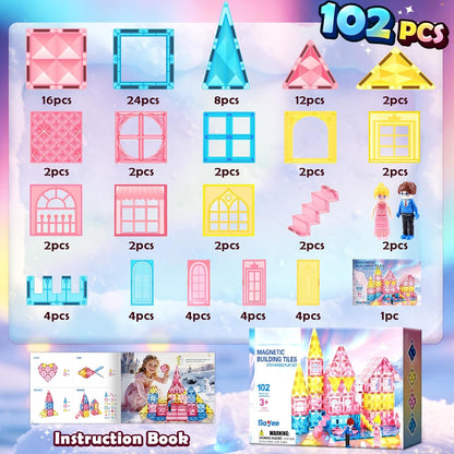 Magnetic Tiles 102pcs with 2 Stairs 2 Dolls Princess Castle Magneti...
