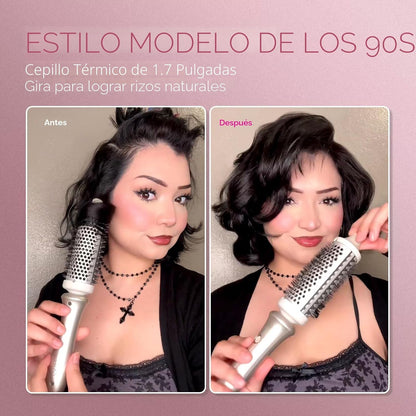 TYMO STYLUX - Cepillo térmico 2.0 para rizar, voluminizador de 1.7 pulgadas con ajuste flexible para alisar el cabello, herramienta de peinado redondo calentado, alisador y rizador de cabello 2 en 1, doble voltaje y luz, dorado