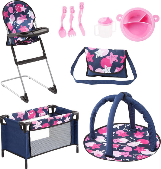 Bayer Juego de accesorios para muñecas 9 en 1 con cama de viaje y s...