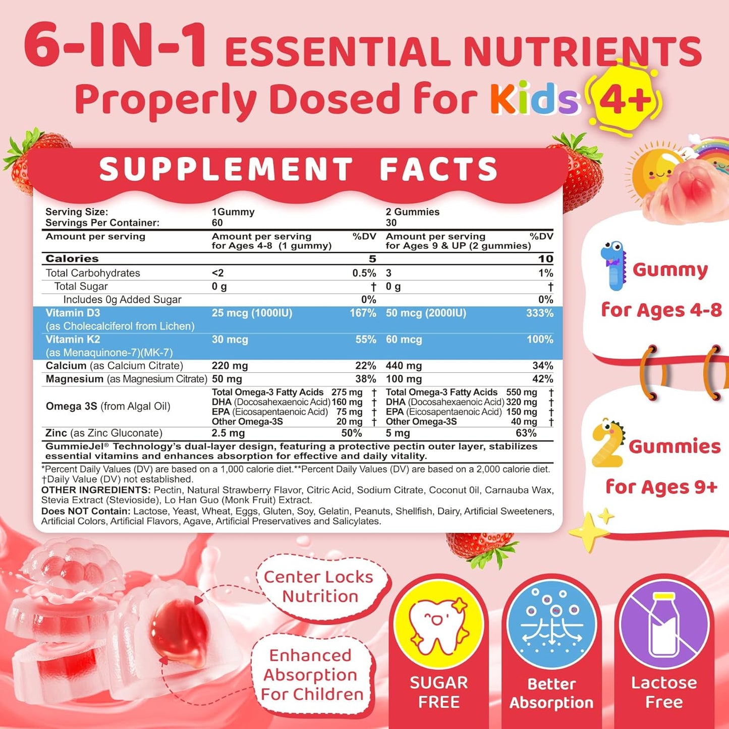 Gomas rellenas de líquido con vitamina D3 K2 + calcio para niños y...