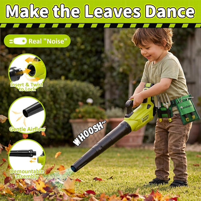 Pandapop Juego de herramientas de jardinería para niños, soplador de hojas 2 en 1 para niños y cortacésped de juguete con sonidos y luces, juego de herramientas para niños con cinturón y guantes