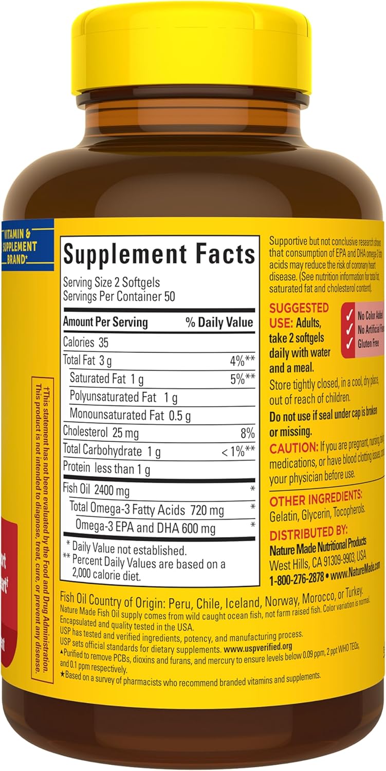 Nature Made Suplementos de aceite de pescado Omega 3, cápsulas blan...