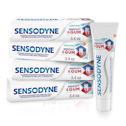 Sensodyne Sensitivity & Gum Sensitive Pasta dental para gingivitis, tratamiento de dientes sensibles, Clean & Fresh - 3.4 oz (paquete de 4)