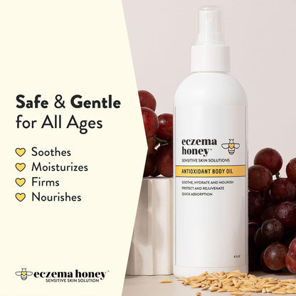 ECZEMA HONEY Aceite corporal antioxidante – Spray de aceite corporal para después de la ducha para la piel – Aceite hidratante sensible y propenso al eczema – Aceites corporales sin perfume para mujeres, hombres y niños (8 onzas líquidas)