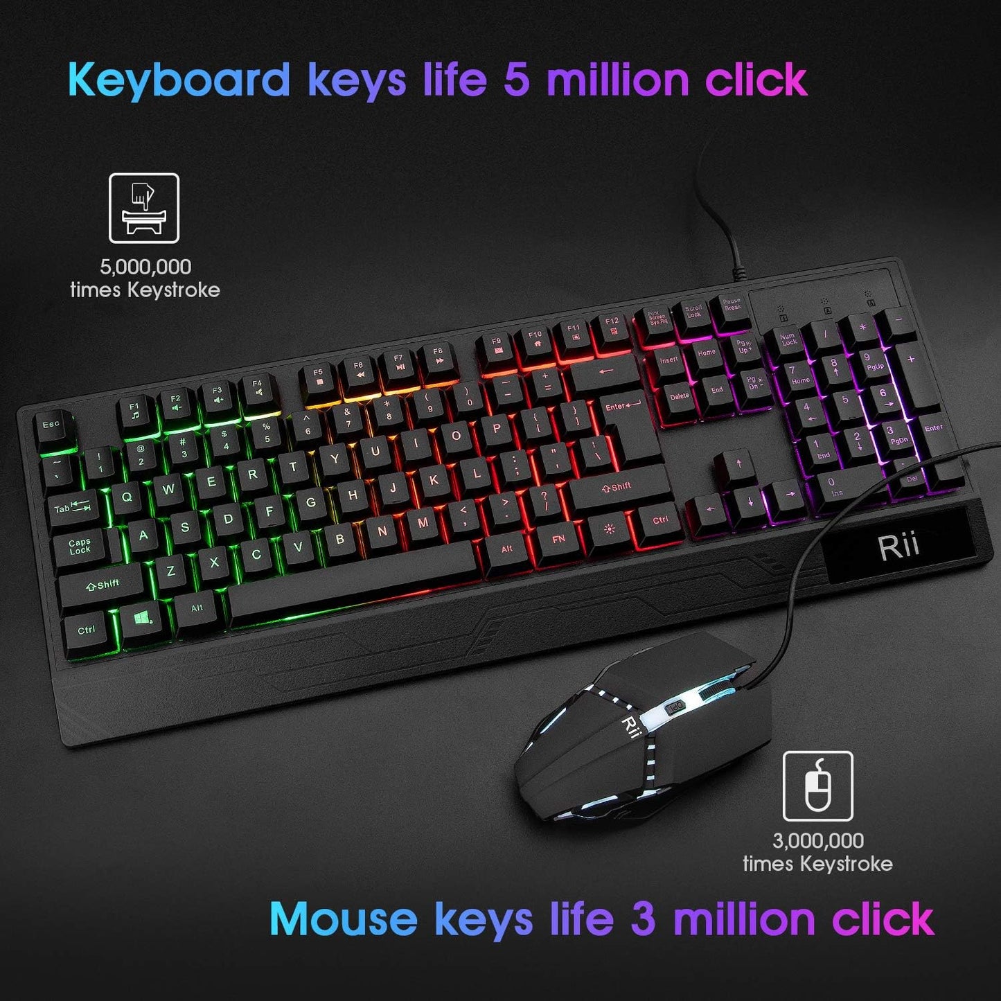 Rii, combo de teclado y mouse para juegos, teclado con cable USB, con 104 teclas, retroiluminación RGB LED con reposamuñecas para PC/Laptop (negro)
