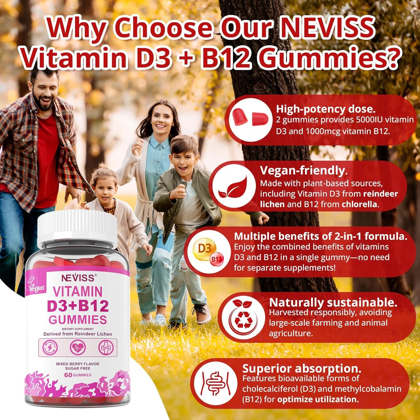 NEVISS Paquete de 2 gomitas veganas de vitamina D3 + vitamina B12,...