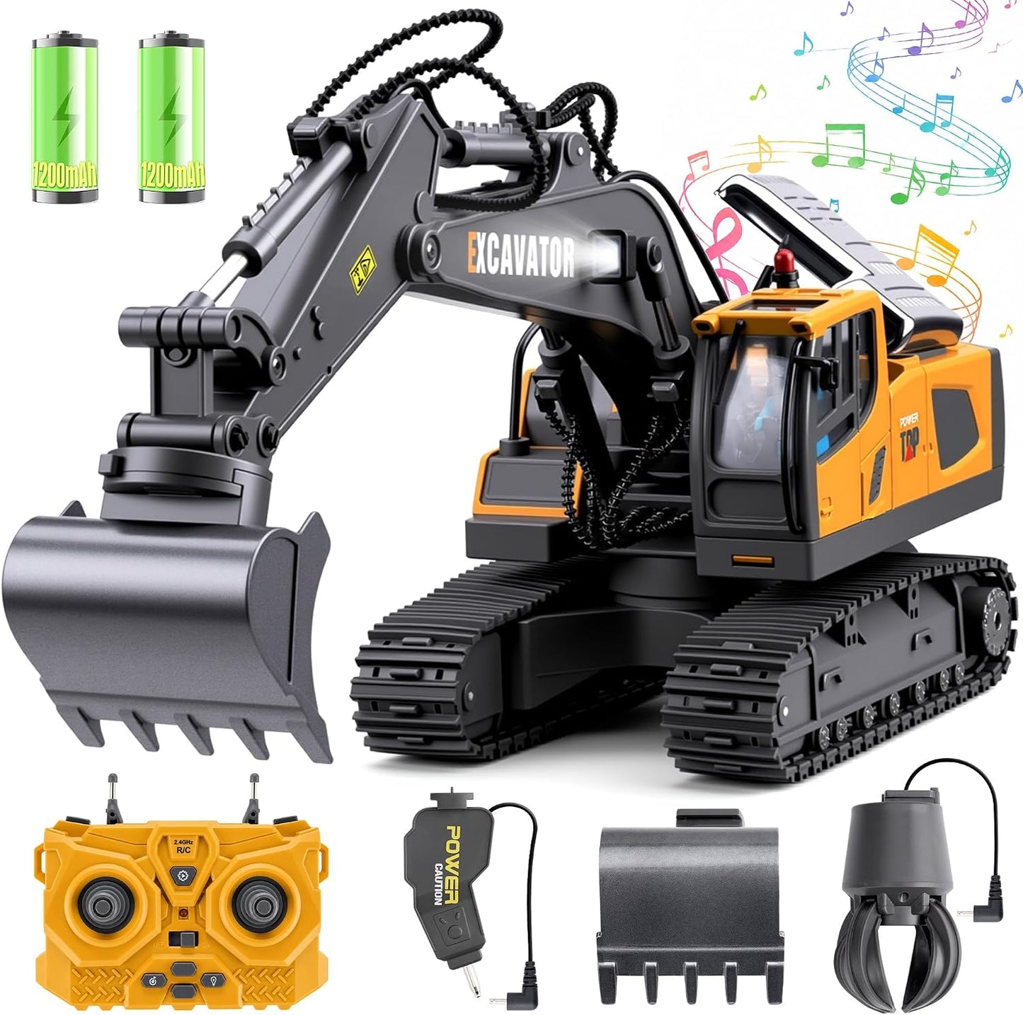 Excavadora de juguete con control remoto para niños, 3 en 1, cubo,...