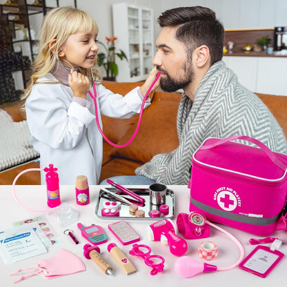 Kit médico para niños y niñas, 34 piezas para niños pequeños de 3 a 5 años con bolsa de almacenamiento médico y estetoscopio real, juego de simulación para niños y niñas, divertido juego de
